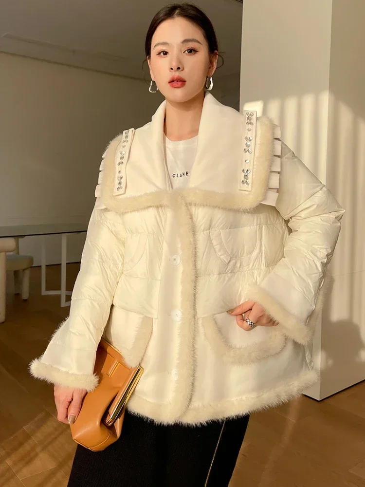 

Luxury Winter Women's Down Jacket 2023 New High Quality Real Mink Fur Navy-collar Warm 90% White Duck Down Coat