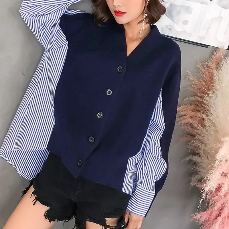 

Cardigan for women Autumn Thin Long Sleeve Knitted Shirt Striped Stitched y2k sweater Loose Women's Pullovers V-Neck Sweatshirts