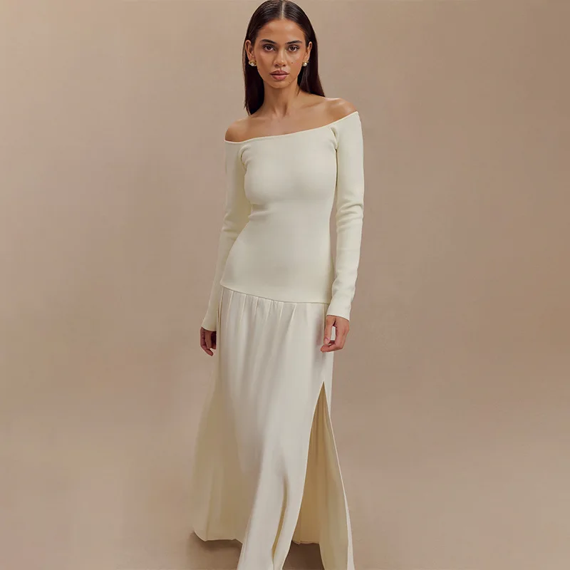 Off-Shoulder Fashion Patchwork Maxi Dress Women's Solid Elegant Commute Autumn Dress Female Backless Long Dress New