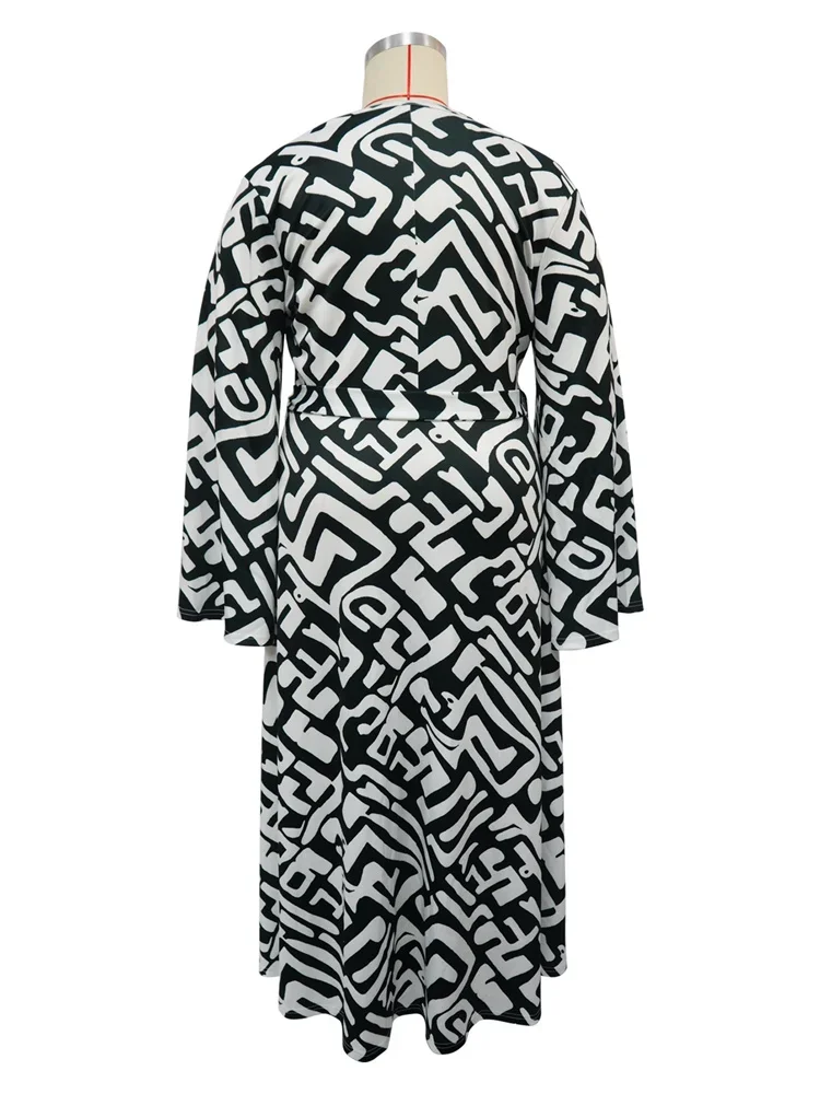 Plus Size Dresses for Women V Neck Elegant Lady Print Loose Sexy Flared  Long Sleeve Fall Maxi Dress Wholesale Dropshipping 2024