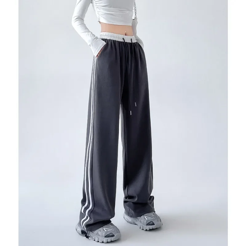 Deeptown Gray Striped Women's Sweatpants Korean Fashion Baggy Casual Sport Pants Straight Harajuku Black Jogging Female Autumn