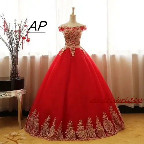 

ANGELSBRIDEP Red Sweet 16 Ball Gown Quinceanera Dress With Gold Appliques Vestidos De 15 Celebrity Pageant Party Gown Custom