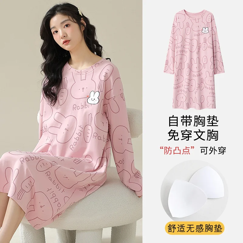 thumbnail image 1 of Camisón de algodón de manga larga para mujer, vestido de casa, camisones de dibujos animados, lencería con estampado de conejo lindo, vestido de noche de otoño e invierno, 1 of 5