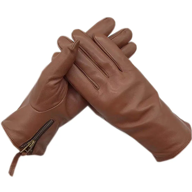 Winter Men's Sheepskin Gloves Wrist Fashion New Zipper Large Genuine Leather Gloves Black Lining Machine Sewn Warm Driving Ridin