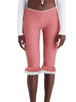 Women s Plaid Capri Pants with Lace Ruffles and Stretchy Cropped Leggings for Summer Casual Wear 5