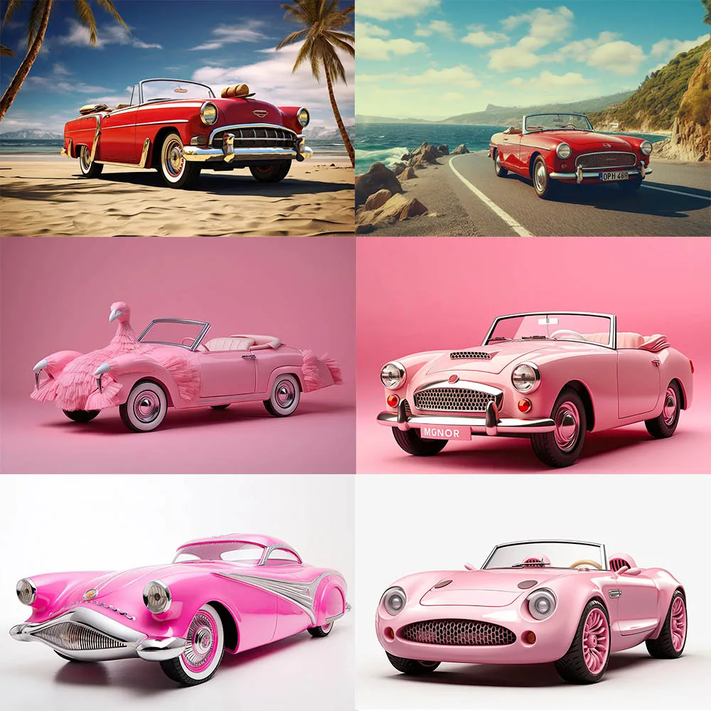 Barbie Pink Car Beach Surf Shop Fondali Bambini Baby Birthday Balloon Castle Portrait Photography Seaside Trees Background