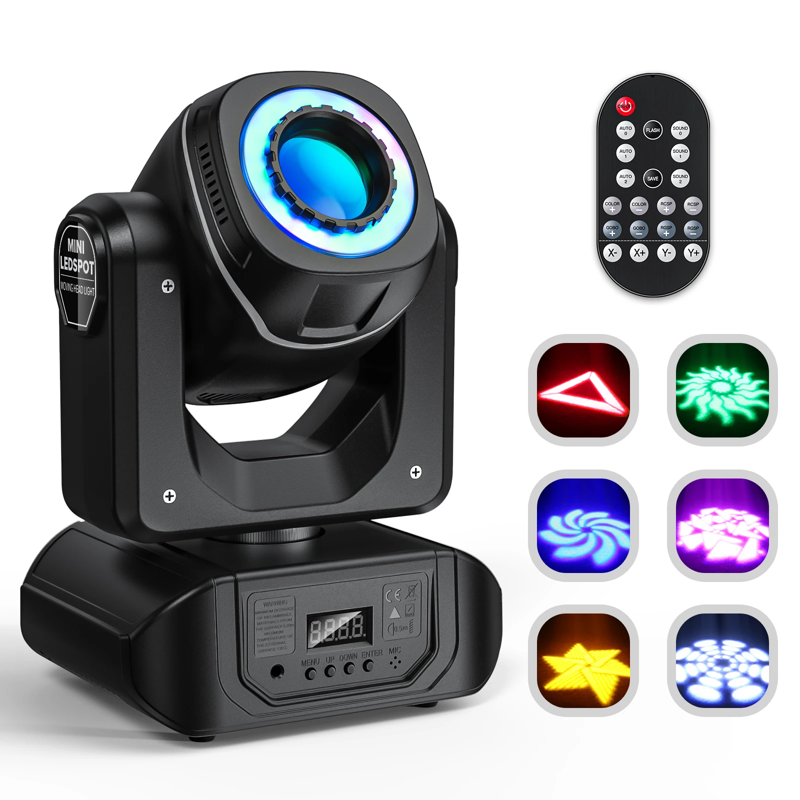 

LED Moving Head Light 8 Gobos 8 Colors Spotlight by DMX 512 Sound Activated with Remote Control for Wedding DJ Disco Club Party