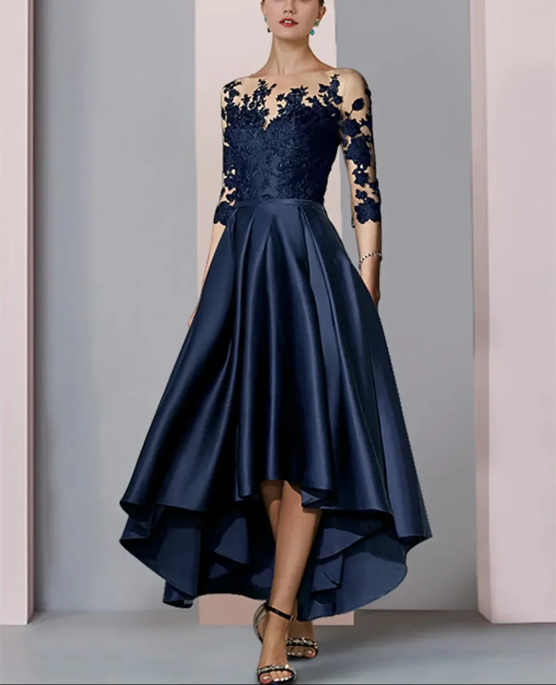 Elegant A-line front short back long round neck lace applique seven-point sleeve luxury evening dress formal party dance wedding