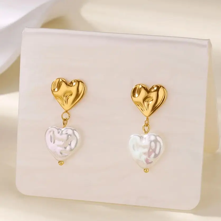Stainless Steel Heart Pearl Drop Earrings for Women