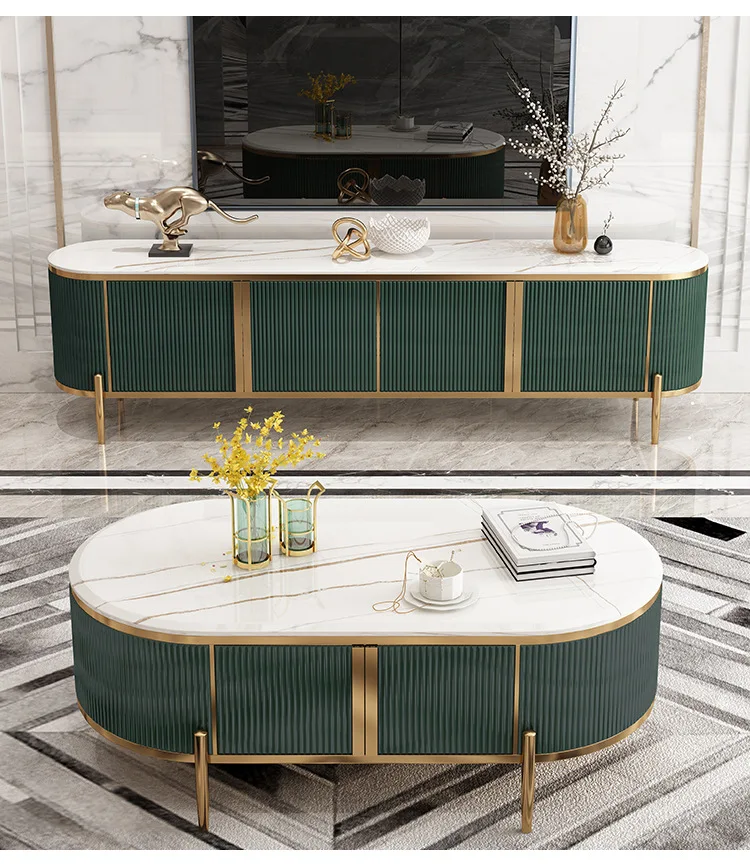 Elegant Living Room Golden Modern Design Furniture Tv Stand and Coffee Table With Marble Top Stainless Steel Leg