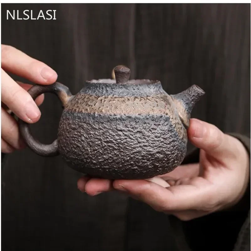 240ml Handmade Retro Coarse Pottery Teapot Japanese Gilt Iron Glaze Pot Pu 'er Tea Infuser Traditional Tea Ceremony Supplies
