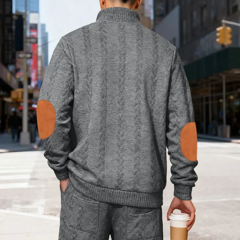 Men's Waffle Knit Quarter Zip Pullover with Contrast Trim and Elbow Patches Casual Long Sleeve Sweater