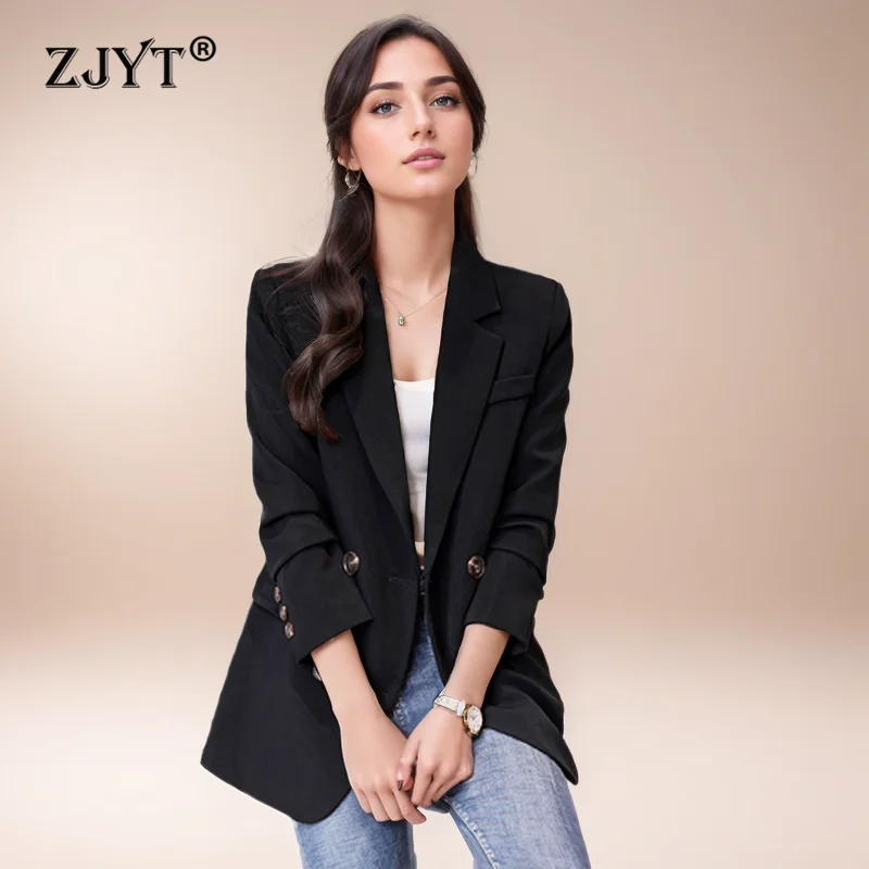 

ZJYT Elegant Lady Spring Notched Blazers Mujer Women Office Work Jacket Coat Plus Size Long Sleeve Casual Daily Veste Femme