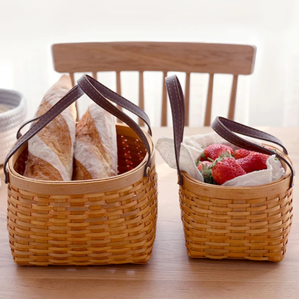 Woven Picnic Basket Multipurpose Totes Gifts Baskets Bamboo Chip Storage Basket With Handle Food Sundry Container Organizer 3