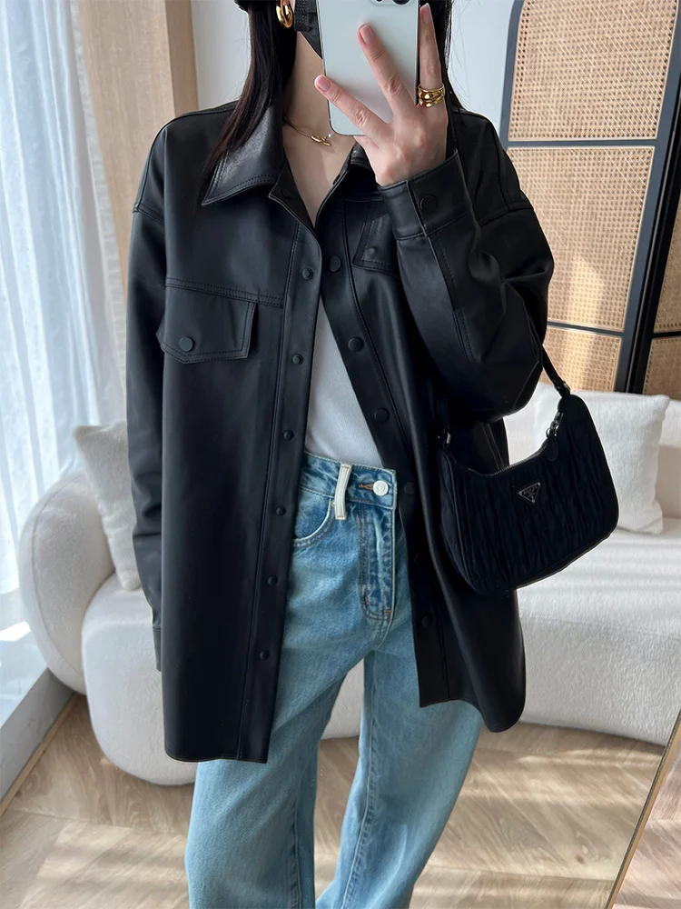 

Mid-length Lambskin Shirt Jacket Women 2023 Trend Simple High-end Single Breasted Loose Black Genuine Leather Coat