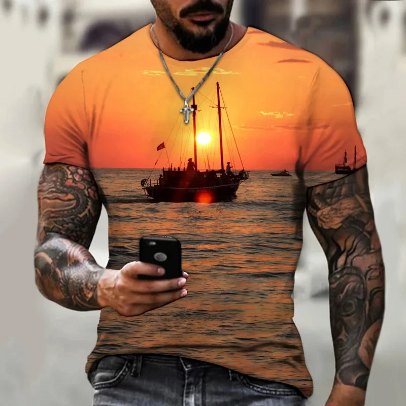 

Vintage Men Ship T-shirts 3D Printed Pirate Ship Crew Neck Short Sleeve T Shirt For Men Oversized Tops Tee Shirt Homme Camiseta