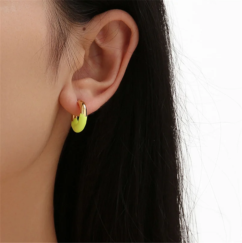 

Korean Style Round C Shape Earrings For Women Yellow Enamel Hoop Earrings Y2K Jewelry Gift Accessories