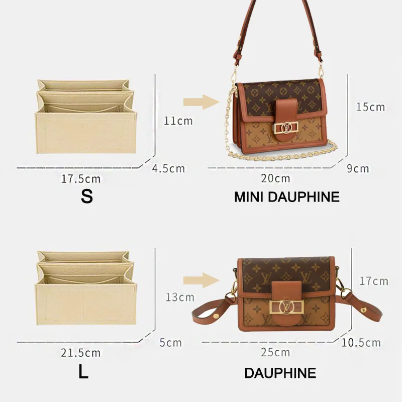 EverToner Fits LV DAUPHINE Felt Cloth Bag liner Travel Insert Organizer Handbag Double Layer Large Capacity Cosmetic Bags Shaper