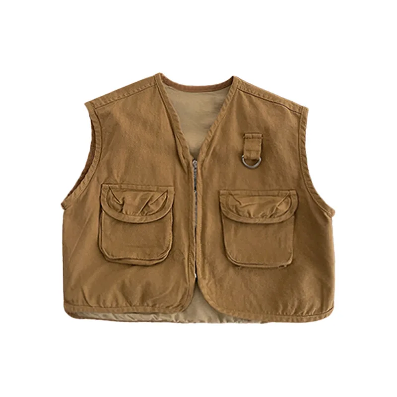 Spring Children Boy Cardigan Vest Cotton V-collar Sleeveless Young Kid Boy Top Solid Zipper Retro Casual Baby Tank Coat