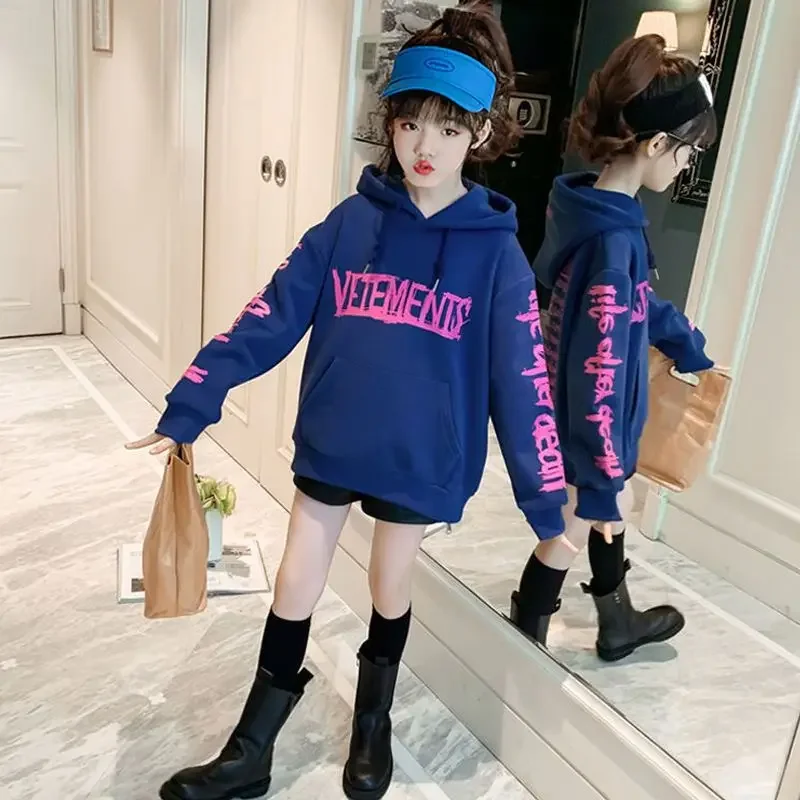 

Girls' Fleece-Lined Sweatshirts New Winter Clothes Korean Style Children's Thickened Hooded Fashion Autumn Warm Tops