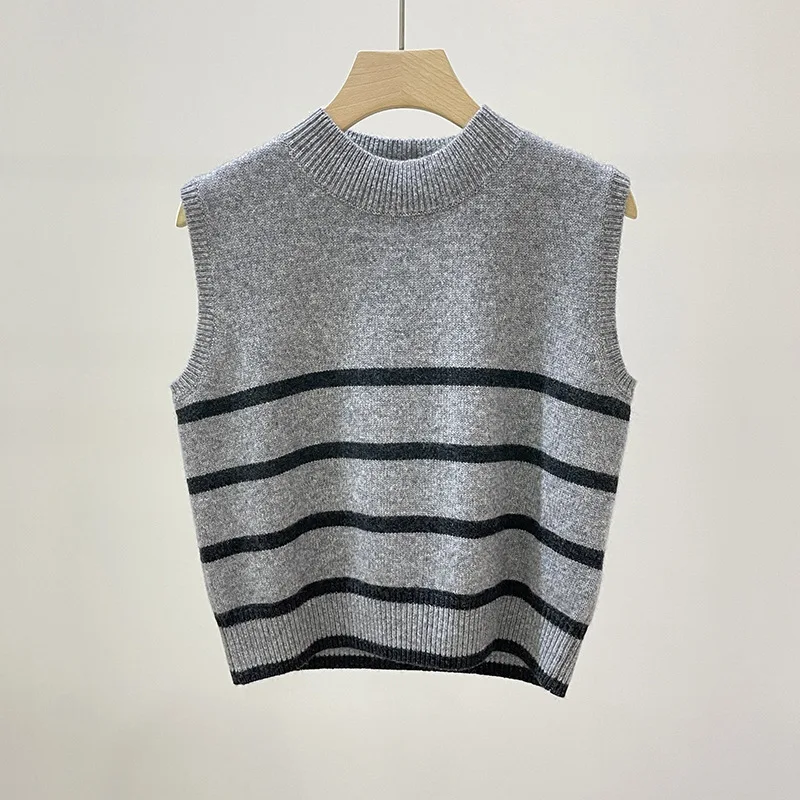 

Women Beading Sleeveless Knitted Vest Strips Early Autumn 2023 100% Cashmere Fashion All-Match Ladies Slim Sweater