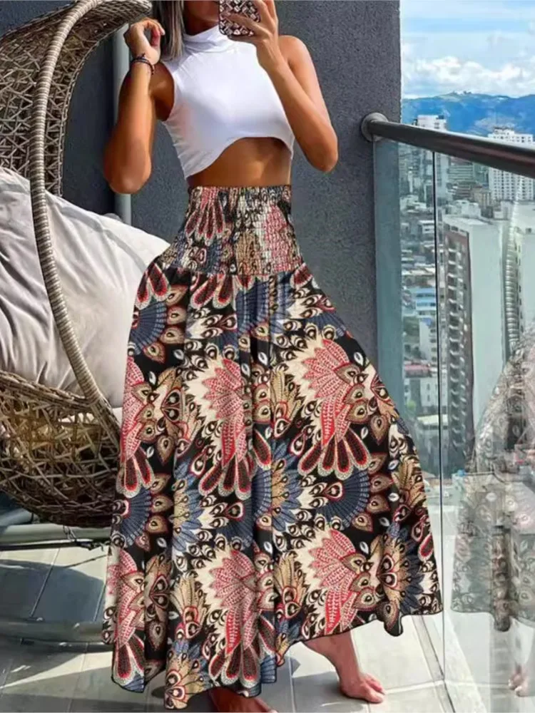 Women's Fashion Floral Print Skirt Casual High Waist Loose Long Skirts For Women Boho Holiday Beach Party Womens Clothing Summer 2