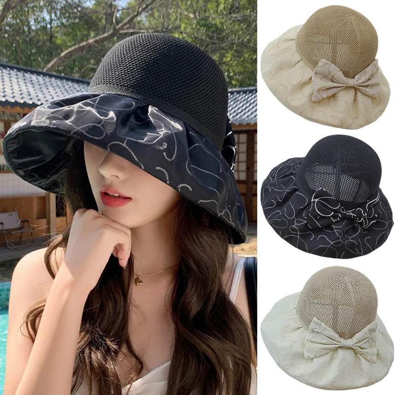 

Half Hollow Out Bow Bucket Hat for Women Wide Brim Matte Organza Bowknot Sun Visors Mesh Summer Anti-UV Sunshade Print Beach Hat