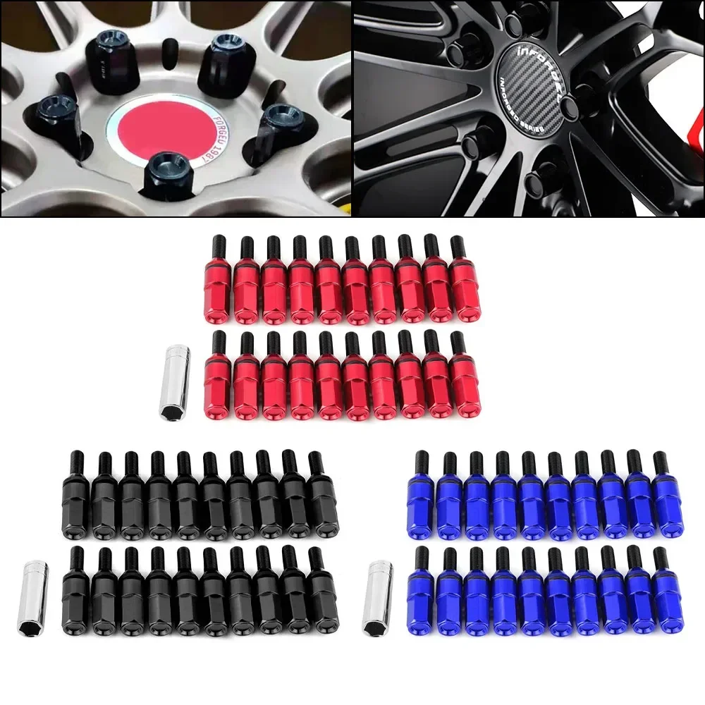 20 Pcs Car Wheel Bolts Nuts Screws M12*1.25 M12*1.5 Steel Taper Cone Lug Nuts With Caps For Bolts & Sleeve Universal Auto Parts