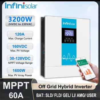Infinisolar 3.2KW Hybrid Solar Inverter 24V to 230V Off Grid Pure Sine Wave Photovoltaic Inverters 60A MPPT Charger BMS WiFi
