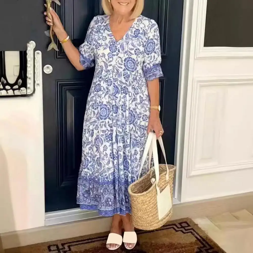 

Seaside Resort Style Dress Loose Fit Floral Dress Stylish V Neck Printed A-line Maxi Dress for Women Elegant Vacation Beachwear