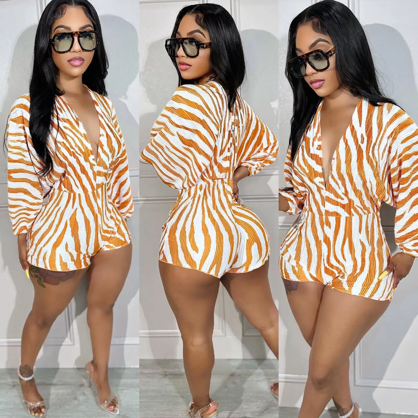 

Aniow Long Sleeve V-neck Orange Zebra Striped Print Backless Lace Up Playsuit Summer Autumn Jumpsuit Slim Sexy Jumpsuit Women