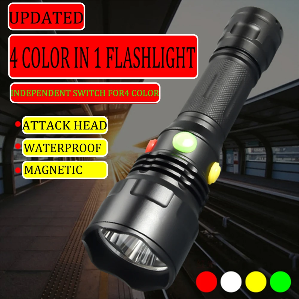 

4 Color LED Flashlight Multicolor 100000LM Waterproof Magnetic Tactical Torch 9 Modes White Red Green Blue Light Hunting Fishing