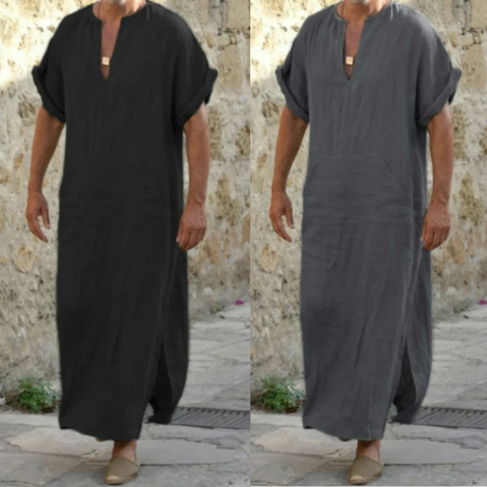 

4XL 5XL Men's Muslim Robe Casual Short Sleeve Loose Jubba Thobe Kaftan Muslim Arab Robes Male Ethnic Muslim Islamic Kaftan Robes