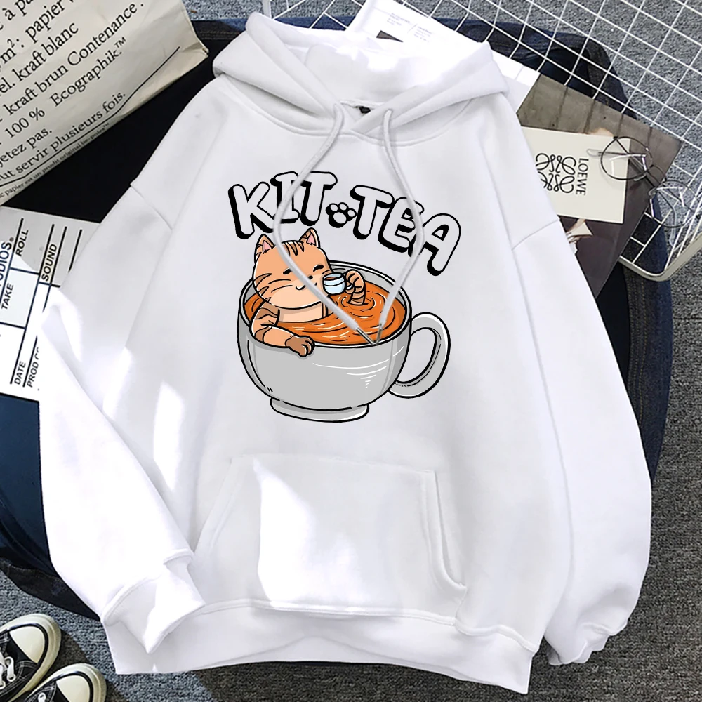 

Kit Tea Cat In Cup Of Tea Mens Sweatshirts Creativity Fashion Long Sleeves Autumn Fleece Hoodies Casual All-math Male Clothing