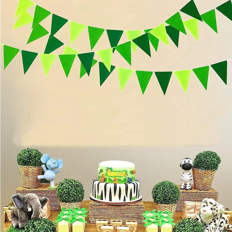 Green Safari Jungle Birthday Tropical Party Felt Bunting Banner Triangle Flags Hanging Fabric Garland Pennant Garden Decorations