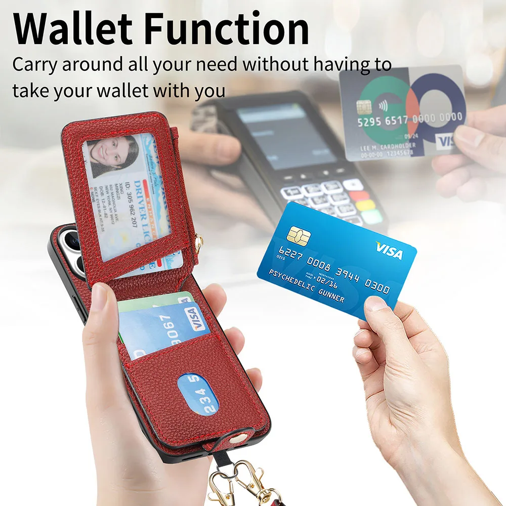 Elegant Leather Wallet Phone Case with Zipper & Card Holder - Includes Lanyard