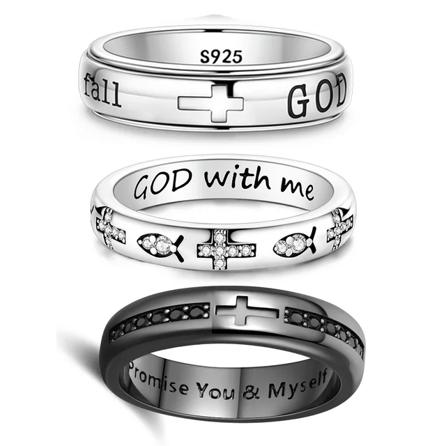 Bague Croix « Dieu est en elle, elle ne tombera pas » en Argent S925, Alliance de Promesse pour Couples, Hommes et Femmes, Cadeau de Bijoux Religieux pour la Saint-Valentin