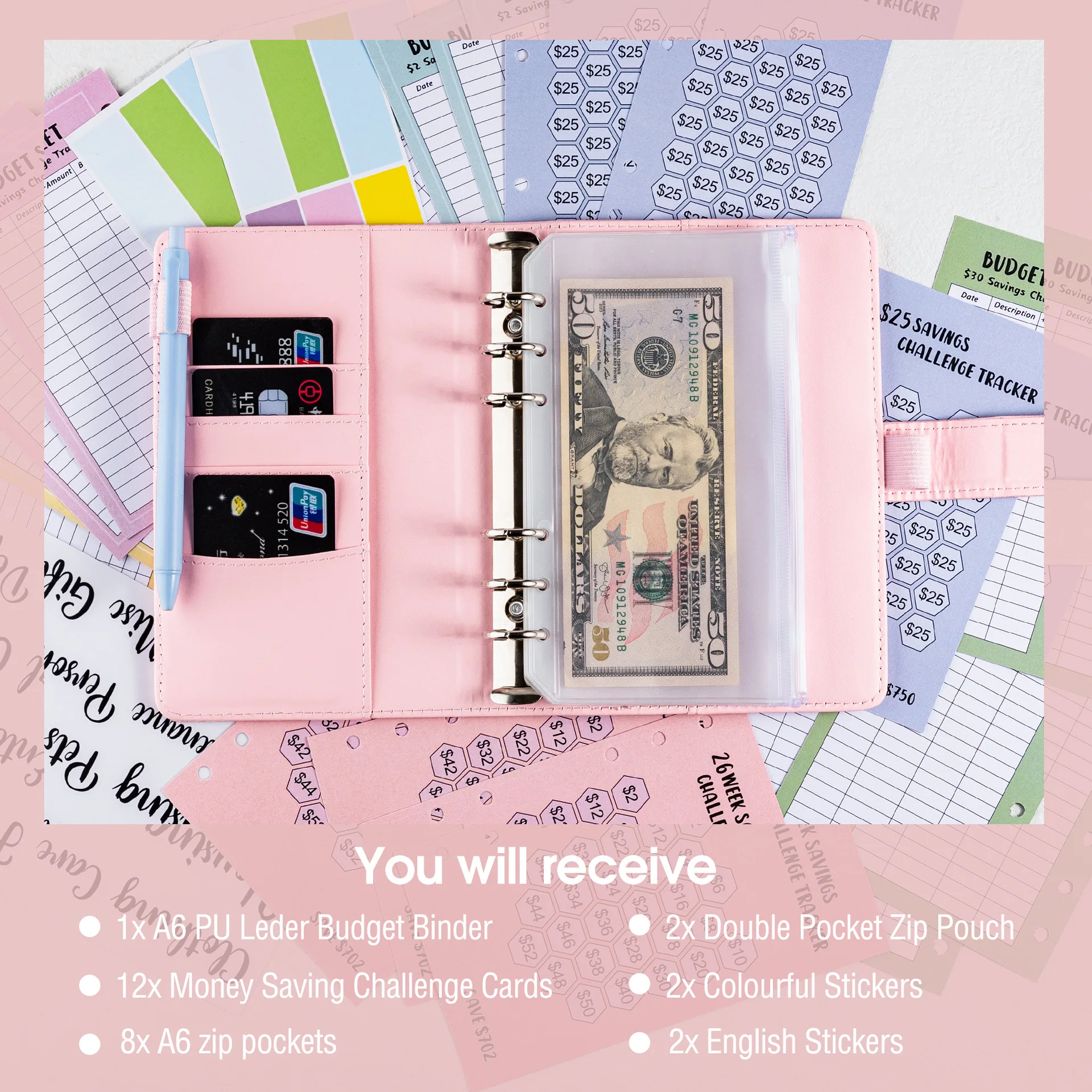2024 Deluxe A6 Budget Binder with 8 Zipper Envelopes - Cash Savings Organizer Wallet