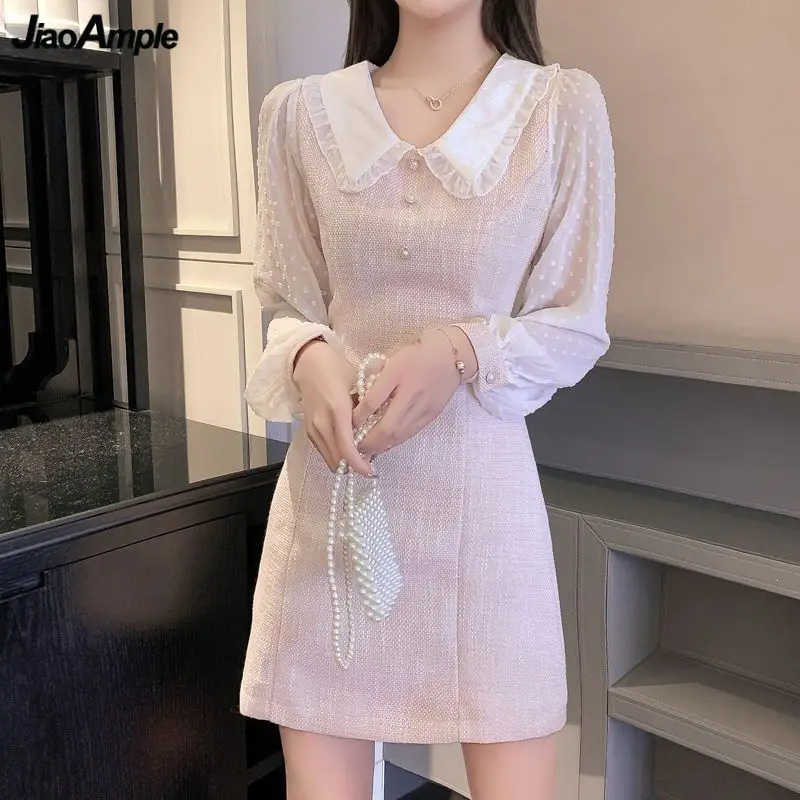

Women Spring Autumn Sweet Pink Mini Dress Korean Lady Graceful Peter Pan Collar Patchwork Dresses 2024 New Date Clothing Female