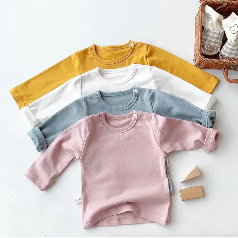 Baby T shirts Kids T shirts Autumn Long sleeve Cotton Solid casual Bottoming shirt Infant toddler Letter pullover 0-24M