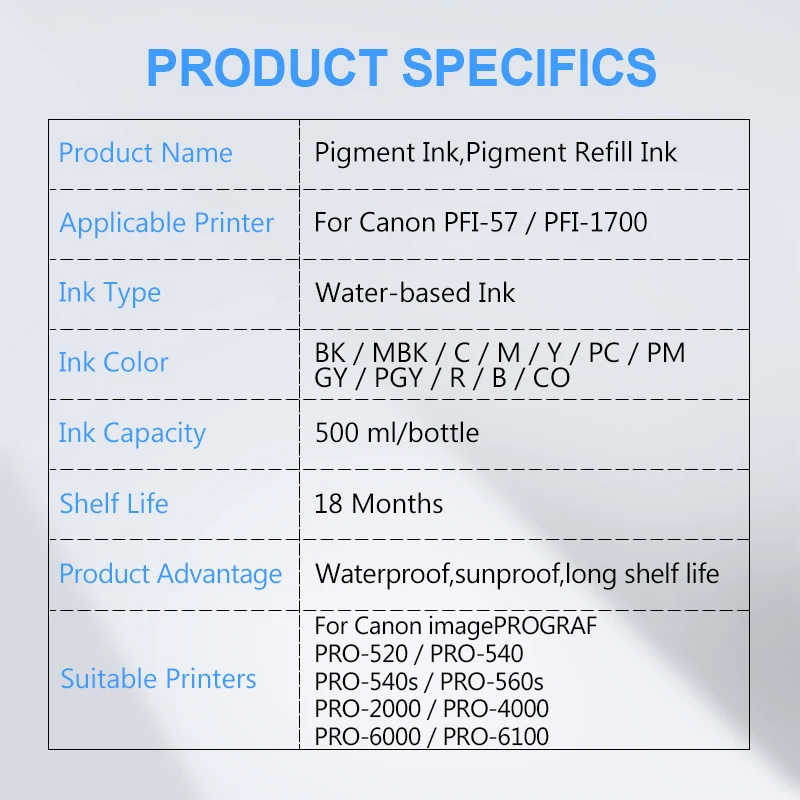 Tinta do Pigmento de 500ml para Canon Pfi1700 Pfi1700 Pfi57 Pfi57 Pro-520 Pro-540 Pro-540s Pro-pro-560s Pro2000 Pro4000 Pro6000 Pro-6100 - Imagem 6