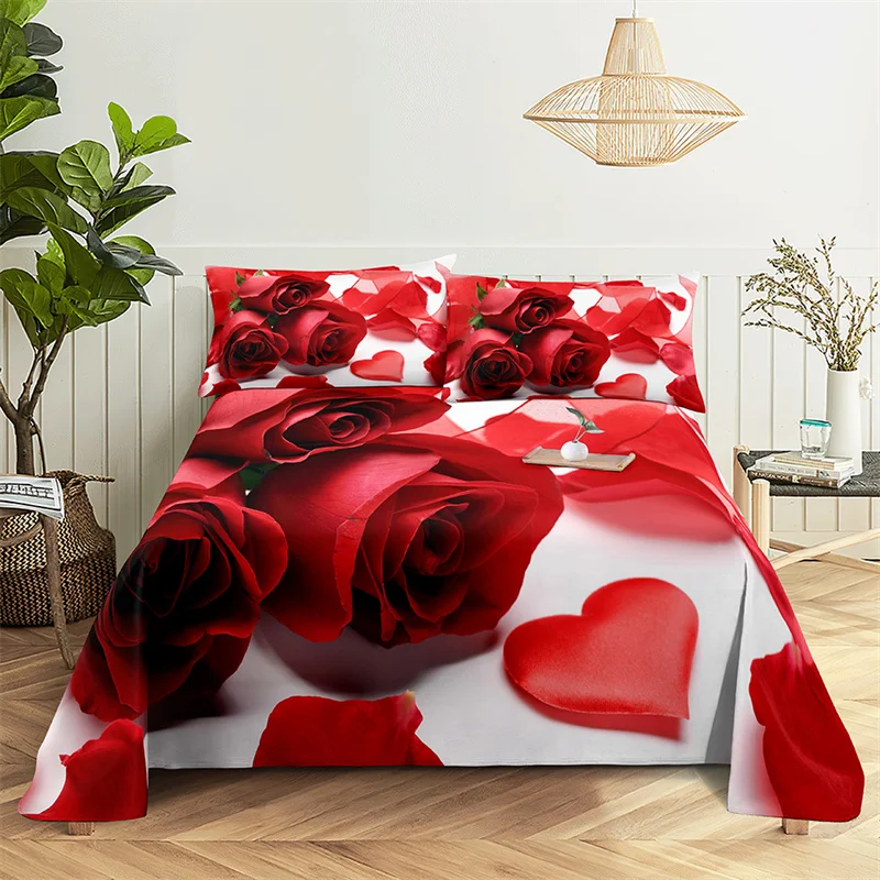 

Red Luxury Rose Queen Size Sheet Set Kid's Room Flower Bedding Set Bed Sheets and Pillowcases Bedding Flat Sheet Bed Sheet Set