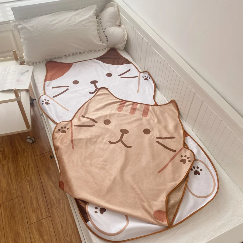 1.5M Cute Brown Cat Flannel Blanket Plush Animals Shape Summer Air Conditioner Sleep Blankets Home Decor for Kids Baby Birthday