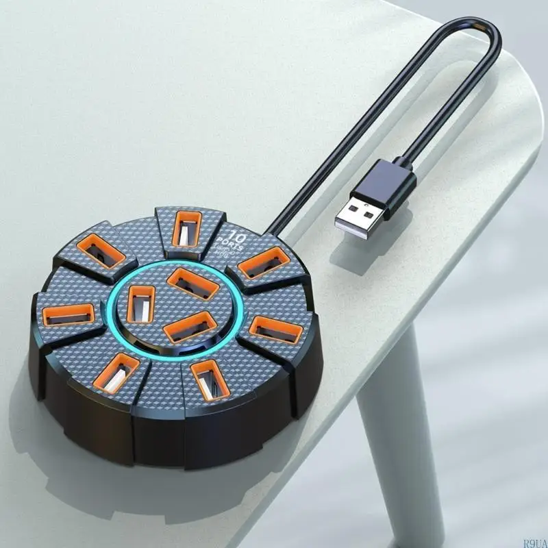 R9UA USB Docking Station Expansion Dock 10 Port USB Hub with Light 120cm Cable Extension Data Transfer Expander