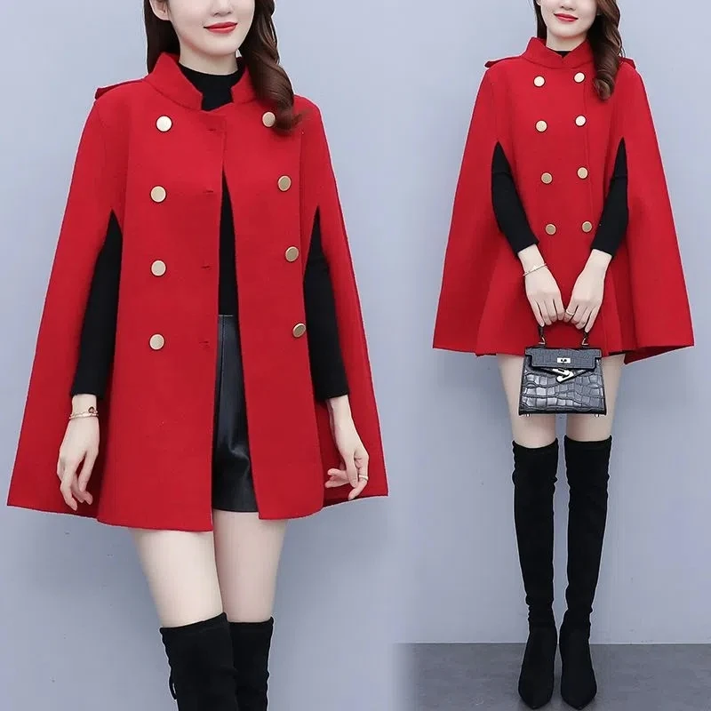 2022Autumn And Winter New Cape Temperament Coat Women's Loose Double-breasted Mid-length Cloak Fashion Woolen Coat Women's Tide