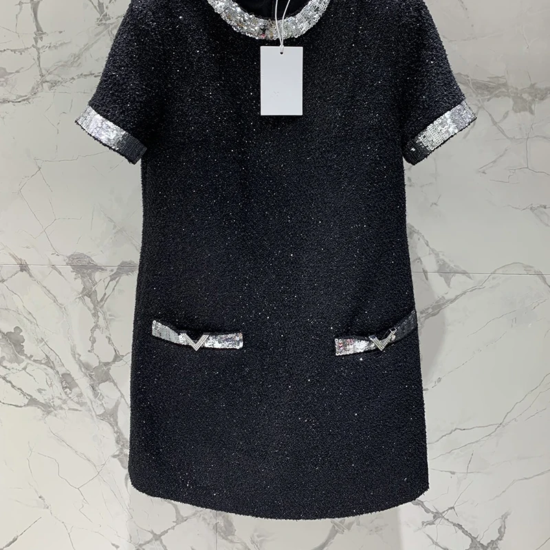 

Sequin Black Short Sleeve Mini Dress Chic Round Neck Slim A-line Dresses For Women Heavy Industry Top Quality Y2K Clothes Runway