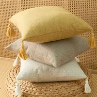 Housse de coussin/housses de coussin en lin massif, européenne avec glands, 18x18 pouces, décoration de maison carrée décorative pour canapé d'enfants 6