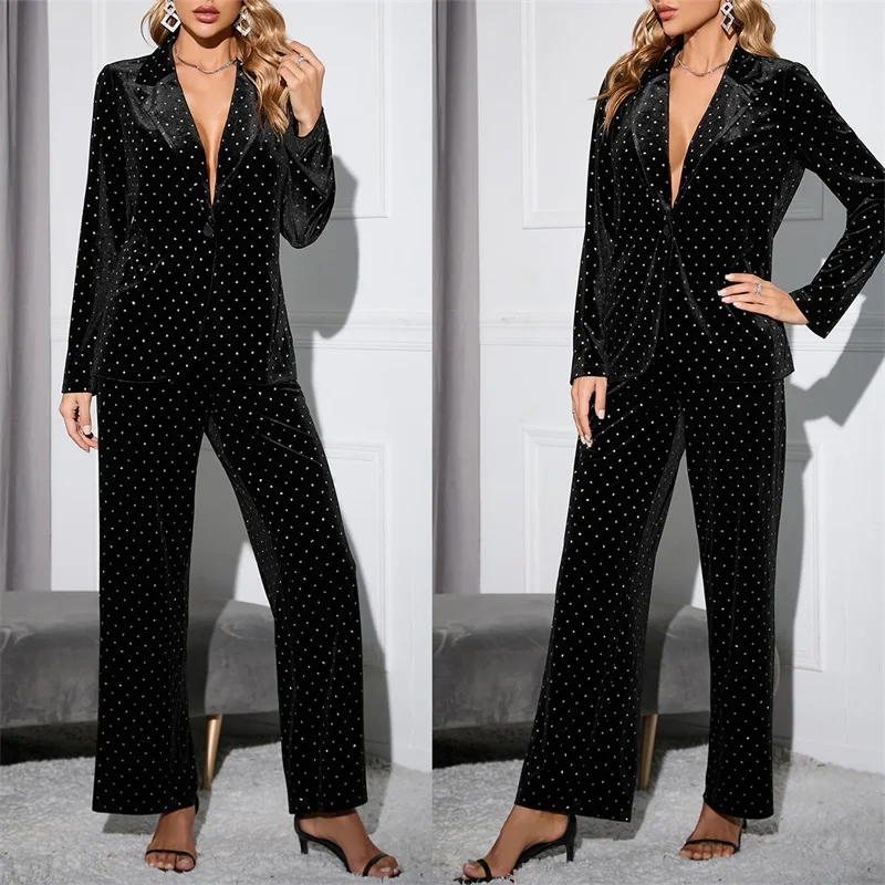 

Black Velvet Women Suit 2 Pieces Pants Set Blazer With Dot Prom Dress Fashion Spring Jacket Tailored Office Lady женский костюм