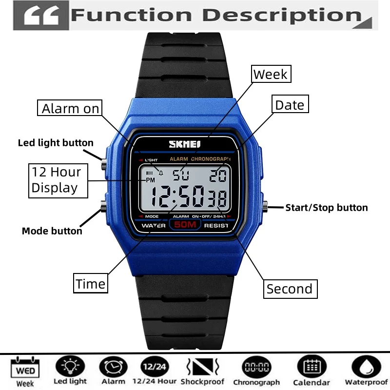 Skmei Women's Led Waterproof Digital Watch PU Strap Swimming Sport's Wristwatch Female Alarm Clock