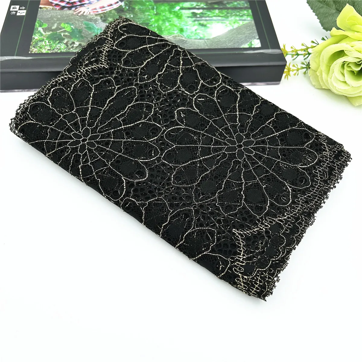 3y/lot Width 22.50cm Black With Gold Elastic Stretch Lace Trim Skirt Hem For Clothes Sewing Accessories Lingerie Dress Sleeve 3